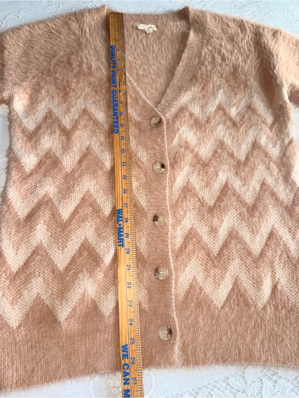 Hem & Thread Beige Fuzzy Chevron Knit Button Up Cardigan Sweater Large - Picture 7 of 13